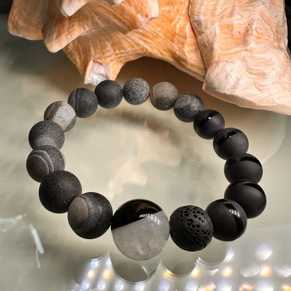 DRUZI AGATE + TUXEDO + ONYX + STONES BRACELET Size 7” - Picture 10 of 13